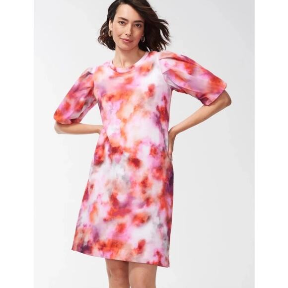 Chico's Amazing Puff Sleeve Colorful Shift Dress pockets sz Chicos 2= L NWOT - Picture 1 of 10